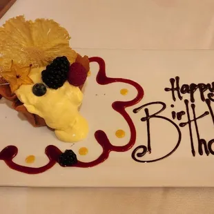 Berries and Cream tuile dessert with a Happy Birthday greeting