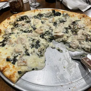 Chicken Alfredo pizza with spinach, mushrooms and garlic added.