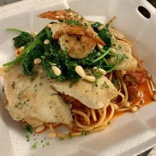 Tilapia and shrimp Ligurian (tomatoes,olives,capers)pine nuts and spinach