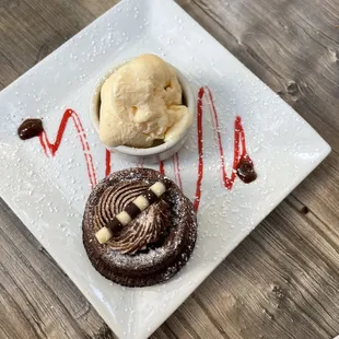 a chocolate dessert and ice cream