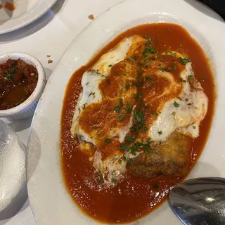 Eggplant Parmigiana with Penne Marinara