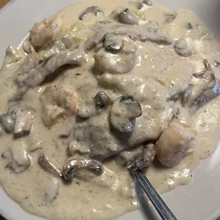 Veal and Shrimp ala cream over angel hair pasta.