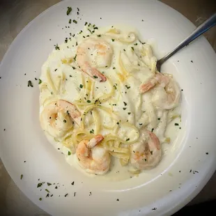 Shrimp Alfredo.  Delicious!!  I needed a nap afterwards!