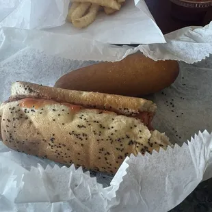 Dog and a corn dog w/ fries
