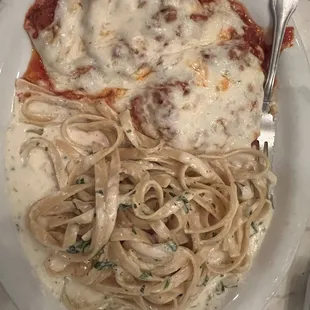Chicken Parmigiana with Fettuccine Alfredo pasta