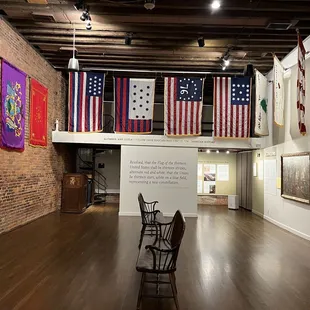 flags hanging from the ceiling