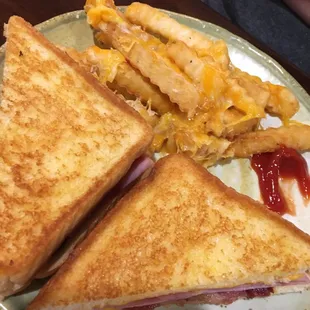 Ham and cheese sandwich with cheesy fries