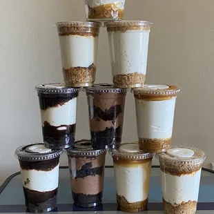 Oreo cheesecake, brownie cheesecake, butterfinger cheesecake, key lime pie cheesecake, caramel cheesecake
