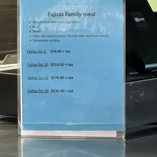 Family meals menu