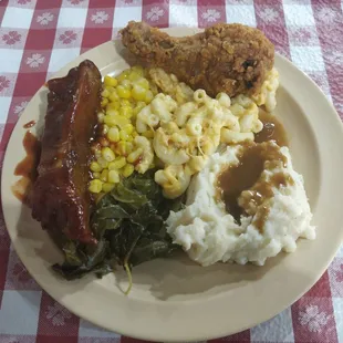 Ribs, Fried Chicken, Corn, Mash Potatoes. Good Simple Food.