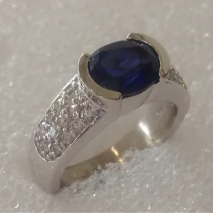 18kt White Gold Hand Made Blue Sapphire and Diamond Ladies Ring.
