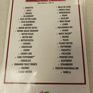 Shake/Malt flavor menu