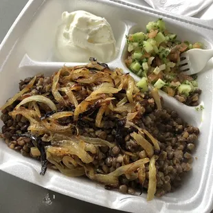 Lentils with grilled onions lunch special. Vegetarian delight!