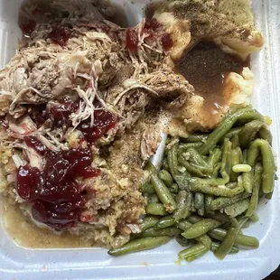 Turkey &amp; dressing, mashed potatoes and green beans