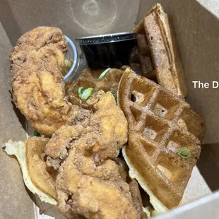 The Duke $13 (Crispy Tenders, Georgia Cane Syrup, Yeast Leavened Waffle, Creamed Bacon Gravy served on the side)