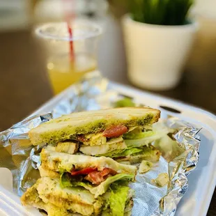 Grilled Chicken Pesto Sandwich and Ginger Soda.