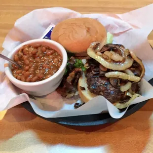 Single Burger (well done, add grilled onions and mushrooms) with Baked Beans