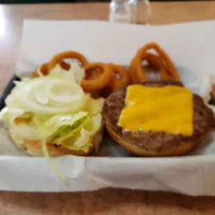 Burger basket with onion rings.