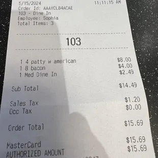 Price for 4 meat Pattie&apos;s with cheese, 8 pieces of bacon and a drink