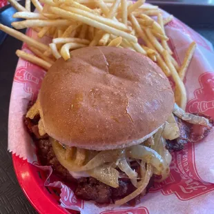 Freddy's French Onion Double Stack Cheeseburger and fries.