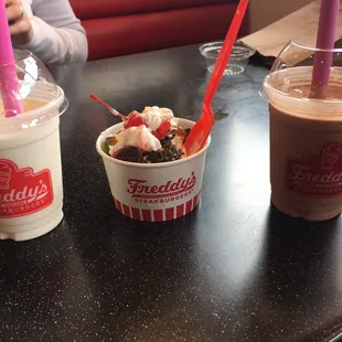 Vanilla shake, mini dirt and worms sundae, and chocolate malt.