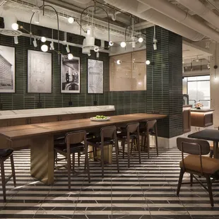 a large dining area with tables and chairs
