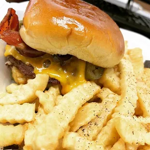 a cheeseburger and fries