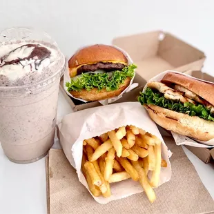 Cookies &amp; cream milkshake, cheeseburger, grilled chicken sandwich, fries