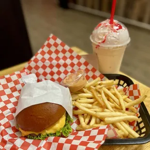 Double cheeseburger and vanilla milkshake