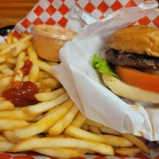 a hamburger and french fries