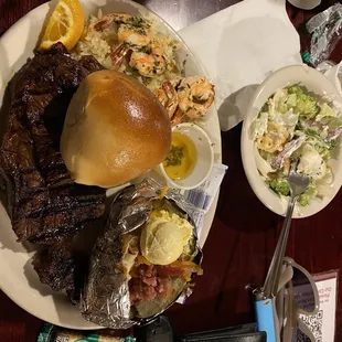 Ribeye w/ shrimp. Loaded baked potato. House salad w/ ranch.