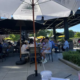 people sitting at tables under umbrellas