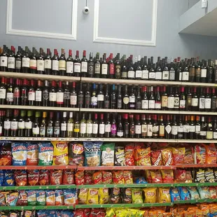 shelves of wine and snacks