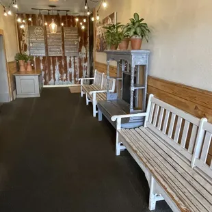 a row of benches in a store