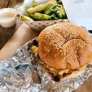 Double cheese burger &amp; garlic fries