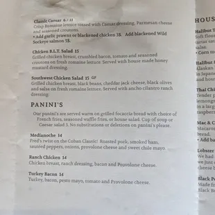 Salad &amp; Panini menu.