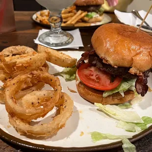 Bacon Bleu cheese burger with awesome rings.