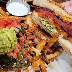 Smoked bologna sandwich w/queso fries