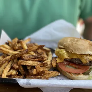 a cheeseburger and fries