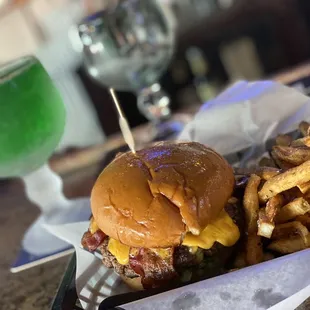 Big Fred with cheddar and bacon along with St Pattys day green beer!