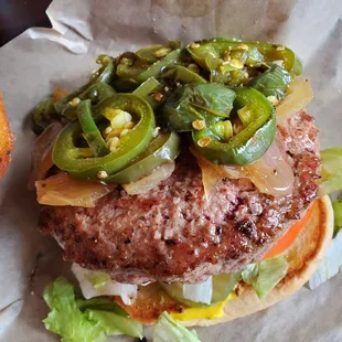 Fred Burger, add grilled onions and jalapeno
