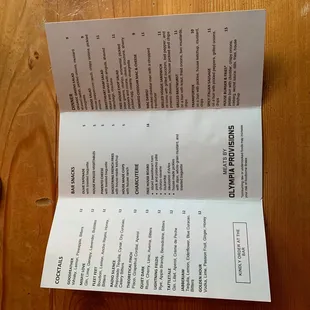 Cocktails, bar snacks, dinner items