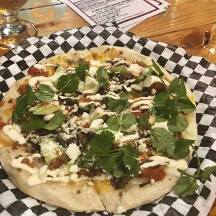 Tasty chicken BBQ flatbread. The trailer was slingin' tasty treats at Iron Monk Brewery.  YUM! January 2019.