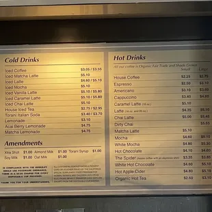 a menu and prices