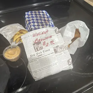 Large burger, fries, onion rings, freedom sauce on the side, and a brownie