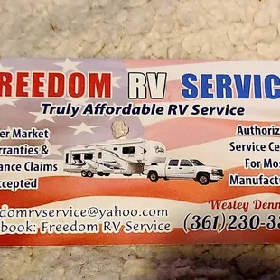 Freedom RV Svc's Business Card.