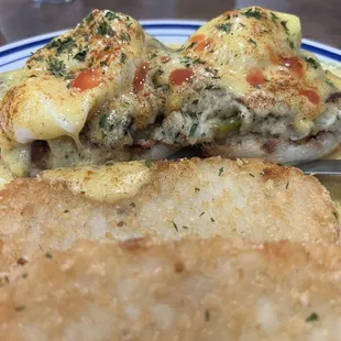 Crab eggs Benedict with hash browns