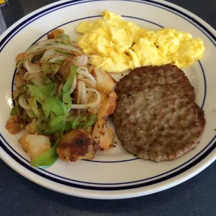 eggs, sausage, home fries with the pancake combo