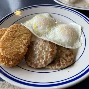 Sausage, hash browns, eggs