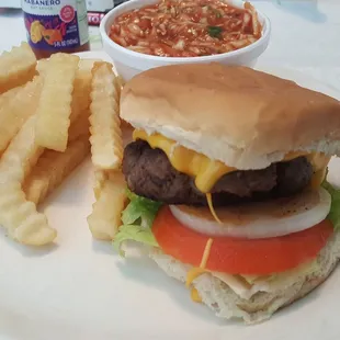Cheeseburger, severely overcooked, and hot slaw.